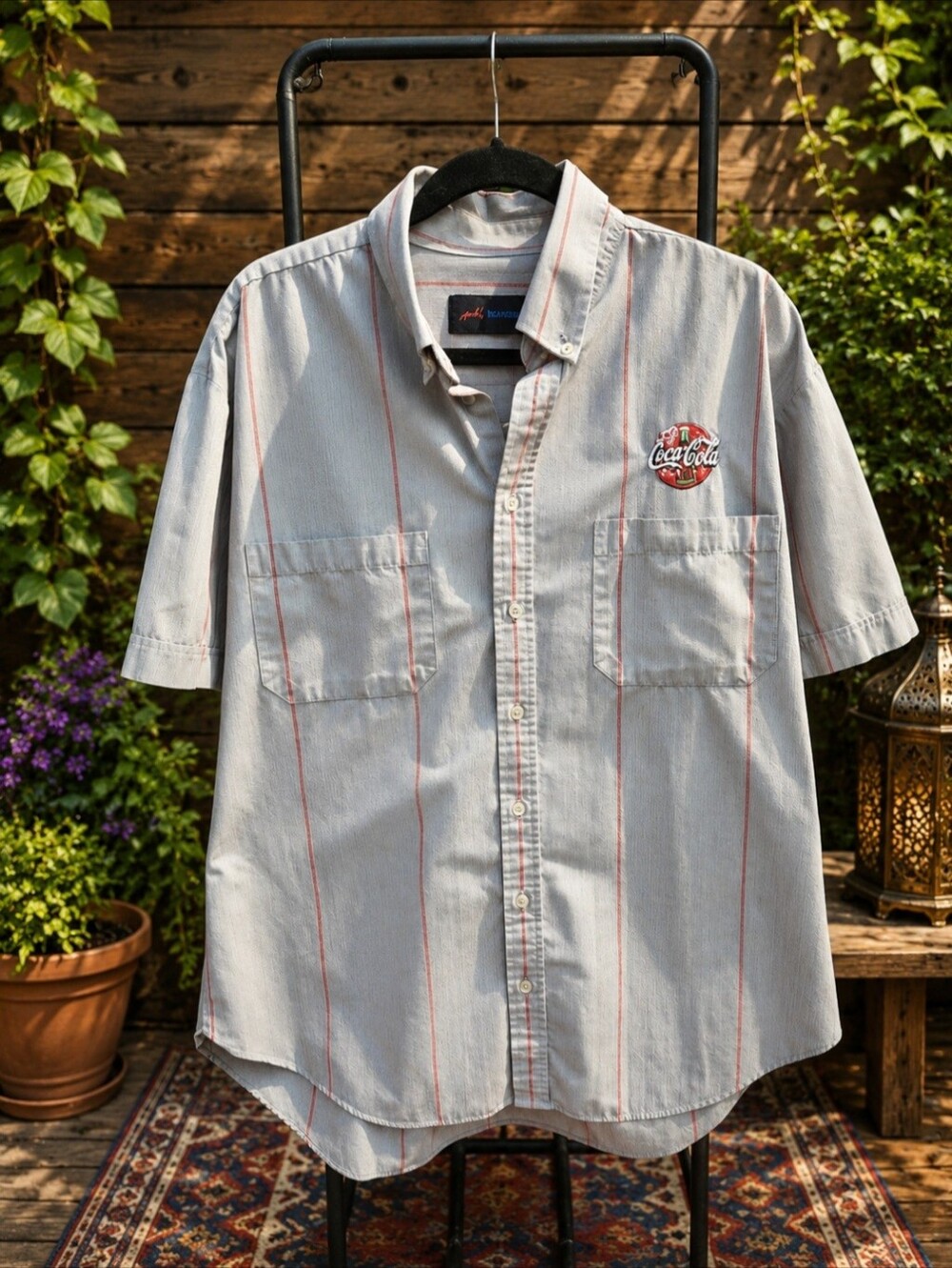 Coca Cola Light Gray Short Sleeve Button-Down Shirt with Red Stripes